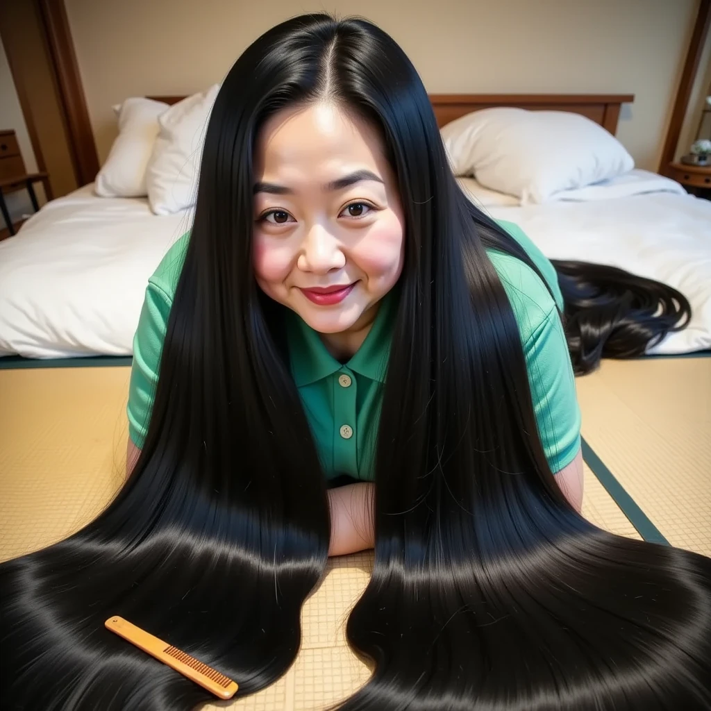 8k,Highest quality, masterpiece, Ultra-high resolution,(masterpiece:1.6, Highest quality), Intricate details, 1 female,Middle-aged woman in her 50s, japanese, full body, ((leaning foward, dynamic pose:1.3)),top of head,   ((Absurdly long hair:1.5)), ((jet Black Hair)), ((forehead:1.5)), Extremely obese, Fat face, round face, Saggy face, crow's feet wrinkies, ((huge breasts, gigantic breasts:1.5)), ((super Saggy breasts:1.5)), ((pale skin, shiny skin,)) ((A turquoise green polo shirt is hanging down on the tatami mat. , white shorts,A mature woman is lying face down on the table in a Japanese-style room. ,Her incredibly long, lustrous black hair covers the entire table.,It also hangs on tatami mats,A wooden comb and a tortoiseshell hairpin are placed on the table. :1.5))