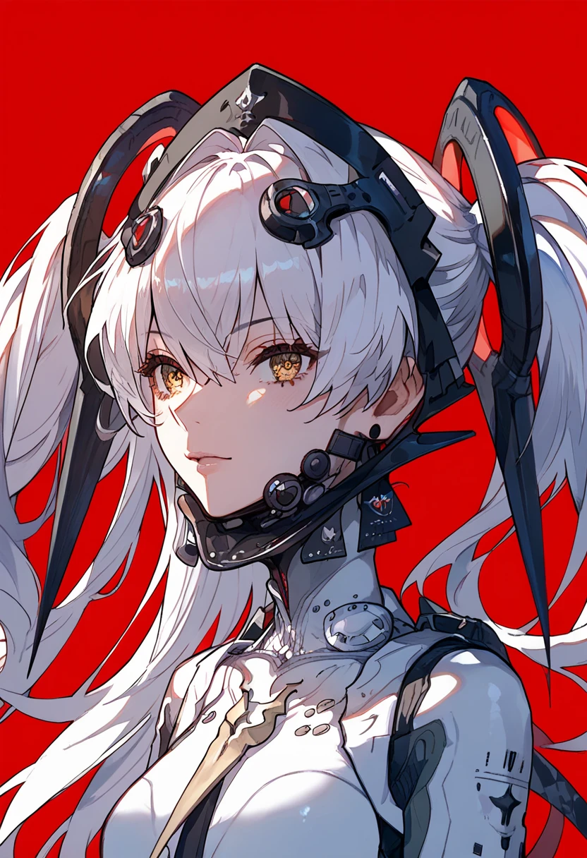 masterpiece, 1girl, Laurel, amber eyes, star-shaped irises, white hair, long hair, twintails, Character clothes, headgear, upper body, neutral, innexpressive, red background, simple background, score_9, score_8_up, score_7_up, unaestheticXL_bp5