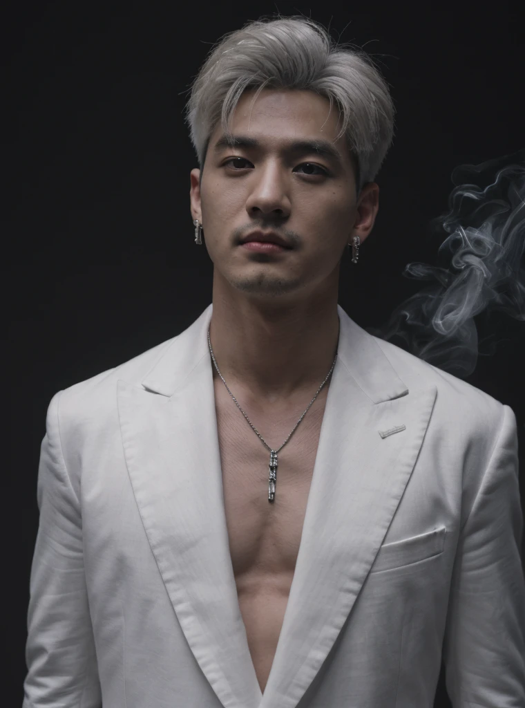 (8k photo, best quality, masterpiece:1.2),(realistic, photo-realistic:1.37) young ,handsome man, Mark Tuan, Got7, white skin, detail face, grey bright eye, white hair, black suit, bad boy, yakuza, tattoo, smoke cigarrate, a lots gangster night town in backdrop, action pose, skull earring, necklage,