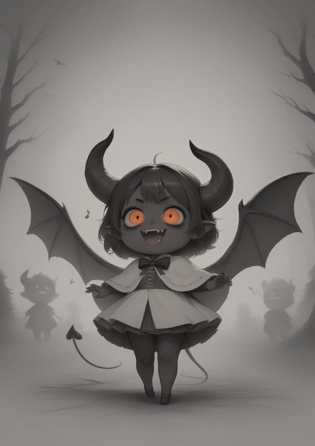 demon girl with black skin, three eyes and horns, wearing a poncho

Двойные хвосты, Украшение для волос, Острые уши, 