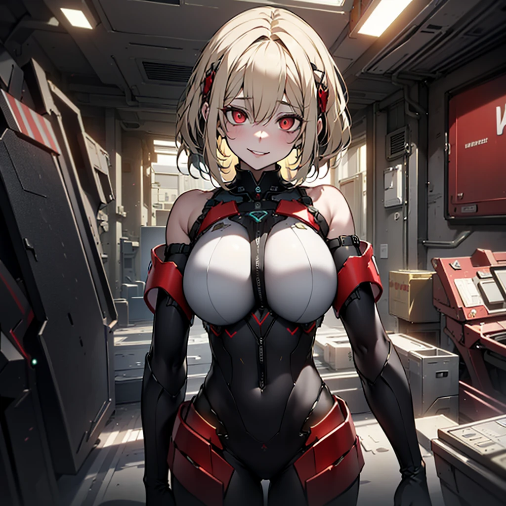 ((Best quality)), ((masterpiece)), (detailed:1.4), 3D, an image of a beautiful cyberpunk female, Yandere , Yandere Face , Trance , Trance Eyes , yameroyandere , constricted pupils , yandere , empty eyes . shaded face , crazy eyes , glowing red eyes , crazy smile , Redshoe , exposed bare shoulder , black headband , Black skintight bodysuit , Short Light Blond Hair , Black Arm Gloves , Red Eyes, Red Armor Leg, large breasts, HDR (High Dynamic Range),Ray Tracing,NVIDIA RTX,Super-Resolution,Unreal 5,Subsurface scattering,PBR Texturing,Post-processing,Anisotropic Filtering,Depth-of-field,Maximum clarity and sharpness,Multi-layered textures,Albedo and Specular maps,Surface shading,Accurate simulation of light-material interaction,Perfect proportions,Octane Render,Two-tone lighting,Wide aperture,Low ISO,White balance,Rule of thirds,8K RAW,