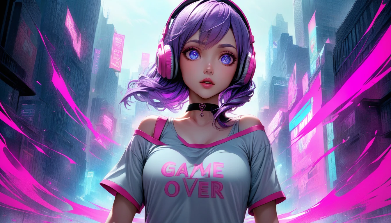 This is a digital illustration of an anime girl wearing a grey bra top with a pink trim and the words "GAME OVER" written over the bust. The girl is wearing a black choker and has long purple hair with white streaks in it. She is wearing pink and white headphones and has large eyes. The background is a blurry scene with a light blue, grey, white, and pink color scheme. The image appears to be set in a video game or in a virtual world, with a heavy emphasis on the neon color palette that commonly appears in games and anime.