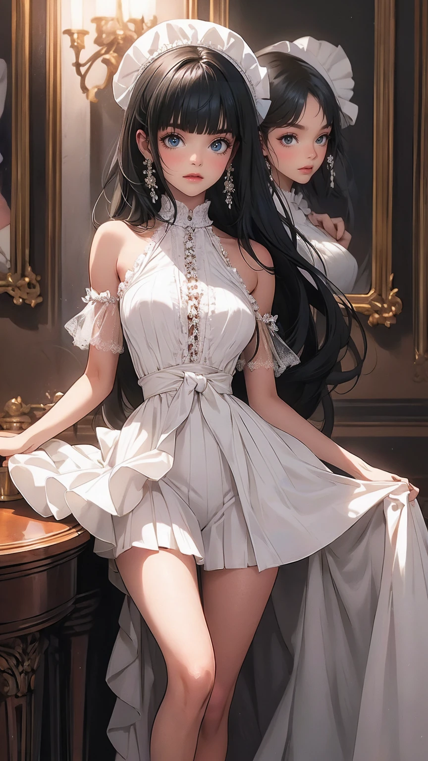 ( best quality:1.2)、(masterpiece:1.2), ( High Quality:1.2), ( side bust 、 underbust 、Nipples),  see-through clothes similar to Reina Tanaka, slingshot swimsuit, frills, ( white maid clothes :1.1), (Black straight long hair:1.3), ((smile:1.3)), ( Long Thin Legs , shoes:1.2), ( detailed face :1.3)、The whole face becomes red,  big, rich breasts , (Blunt Bangs:1.2),  side bust 、 underbust 、belly button、Walking through the mansion&#39;corridor、 Play、shoes下、 simple background