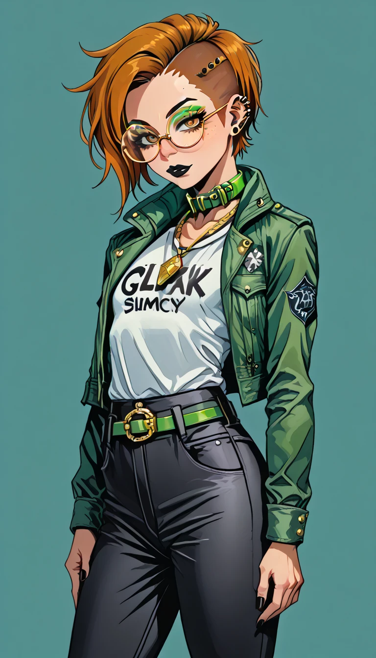 1boy;Androgynous;auburn punk undercut hair;gold eyes;freckled skin;toned,athletic body;black lip gloss;black eyeliner;green eyeshadow;sharp black nails;round glasses;black tight full shirt;black cargo pants;green belt;Green distressed Canvas Jacket;Combat Boots;amber pendant;green collar;pierced ears;
