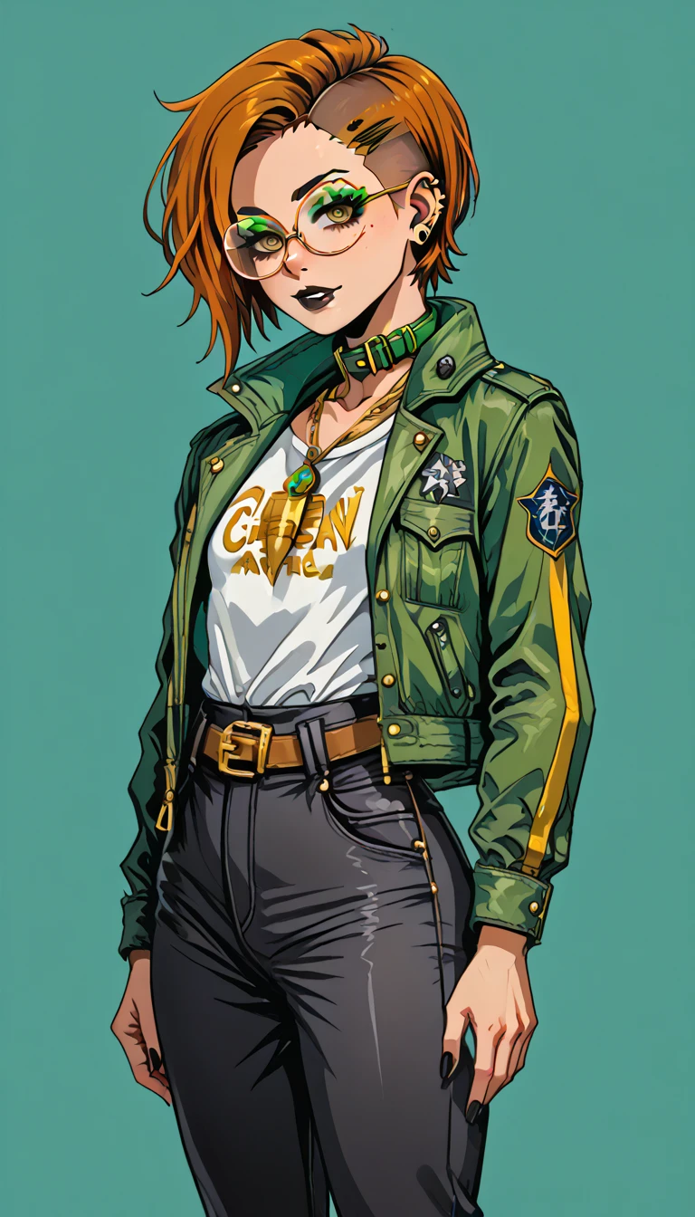 1boy;Androgynous;auburn punk undercut hair;gold eyes;freckled skin;toned,athletic body;black lip gloss;black eyeliner;green eyeshadow;sharp black nails;round glasses;black tight full shirt;black cargo pants;green belt;Green distressed Canvas Jacket;Combat Boots;amber pendant;green collar;pierced ears;
