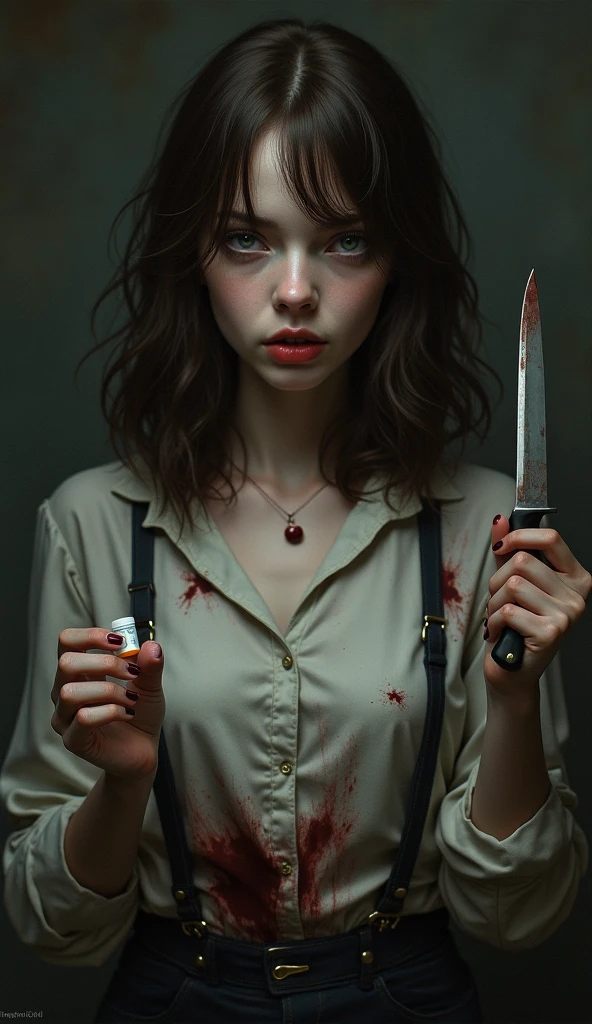 high res, ((oil paiting)), paiting of a beautiful 20 years old girl, looking down on viewer, wearing a black leather jacket and spiked bracelet, ((holding a bloodied knife)). ((night)), dark cemetary, inspired by Gustave Dore, dark color palette