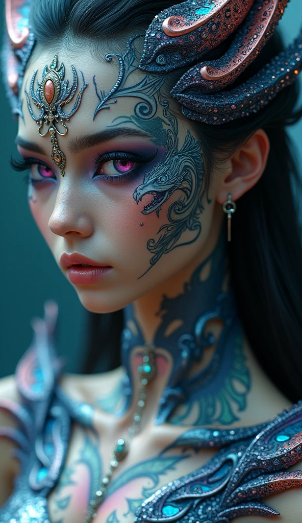 (photorealistic:1.3), Masterpiece, Best Quality, (intricate details:1.2), (scenery:1.3), beautiful face, (black theme:1.3),
(((1 girl, A girl in a patterned kimono holding a dagger in her hand, (Mira Weiwer:1.3), (face tattoo:1.2), Small oni horn,
))), whole body, Split in half