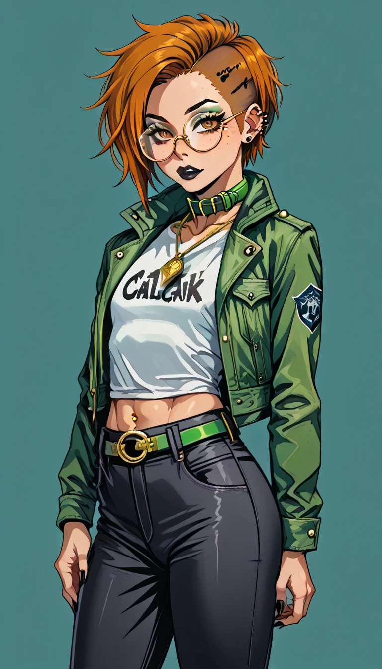 1boy;Androgynous;auburn punk undercut hair;gold eyes;freckled skin;toned,athletic body;black lip gloss;black eyeliner;green eyeshadow;sharp black nails;round glasses;black tight full shirt;black cargo pants;green belt;Green distressed Canvas Jacket;Combat Boots;amber pendant;green collar;pierced ears;
