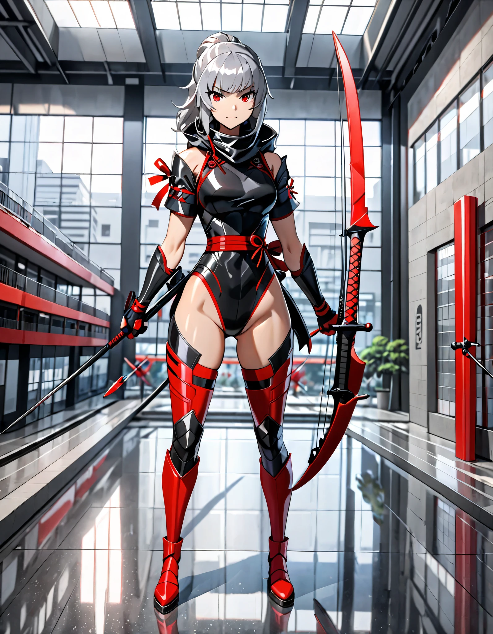 best quality, masterpiece, hires, 8k, solo, solo focus, high detail, 1female, female ninja assassin with bow and arrow, grey hair, black and red high-leg leotard, bare legs, red belt, matching gloves, matching thighhigh boots, standing straight, science lab building, indoors, full body shot, fix hands, sfw