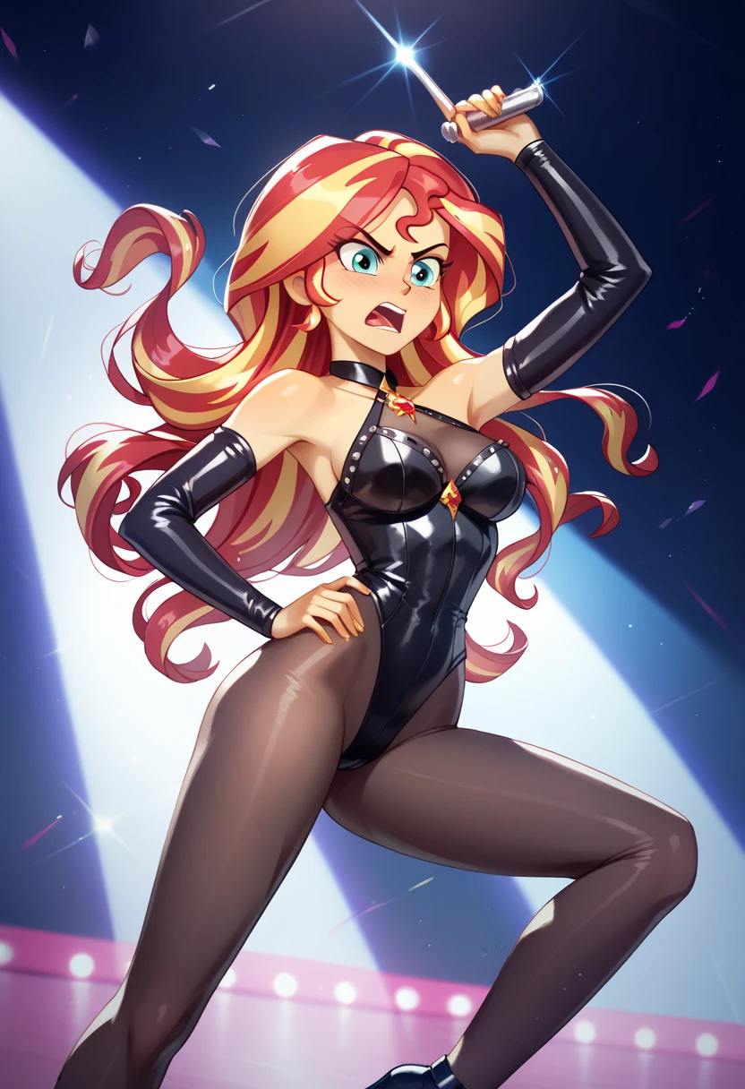 Eqg    sunset shimmer in   club night dancing in a bodystocking angry. 