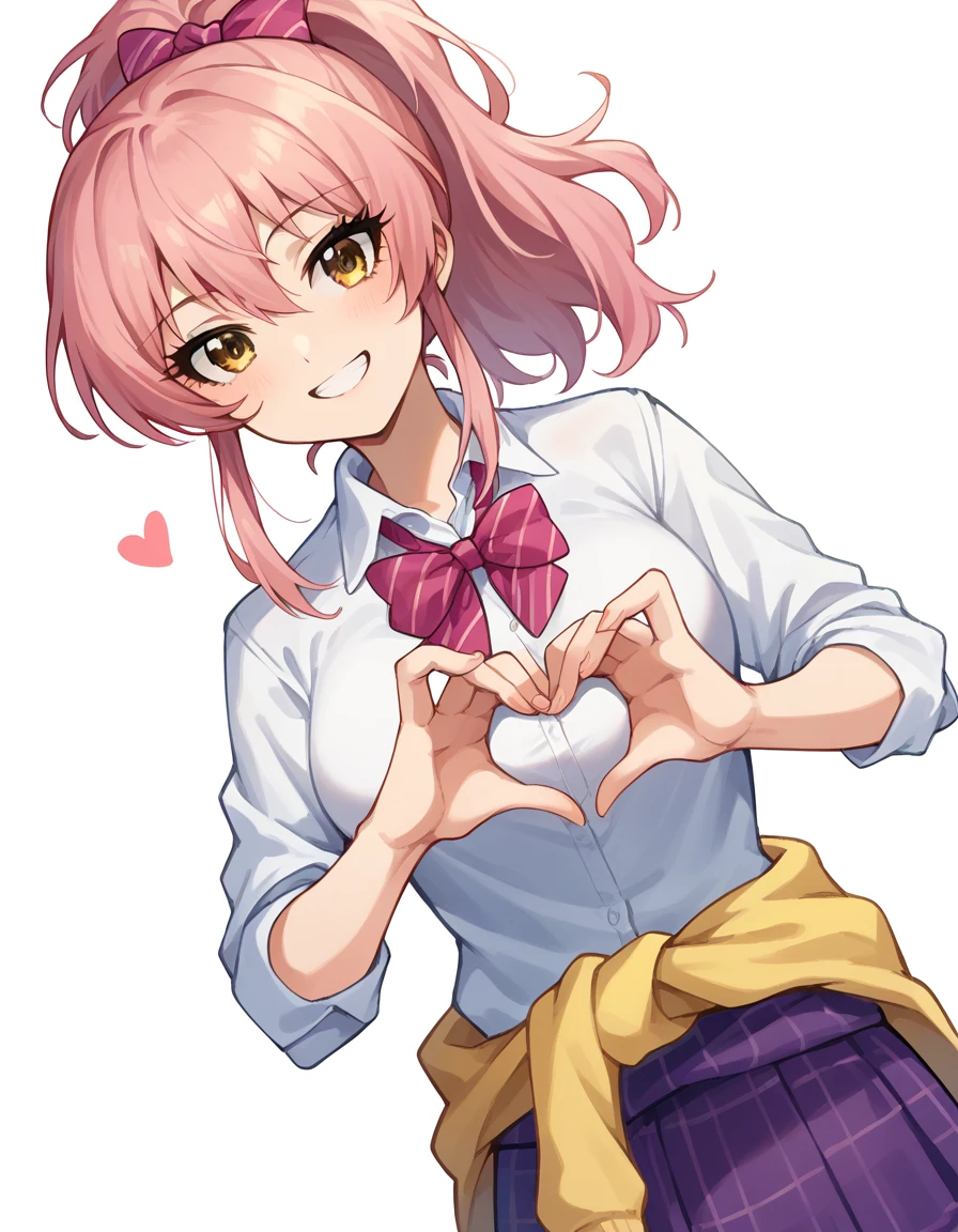 
Mikkajogasaki, Mika Jougasaki, hair bow, Long Hair,  Pink Hair,  yellow eyes,beautiful　eye,  ponytail, smile,
bow,   showing clothes  , Check pattern, Check pattern  skirt,  school uniform,  skirt, sweater, sweater around waist,white background
I'm watching the audience,  Dutch angle,  COWBOY SHOOTING ,heart　hands