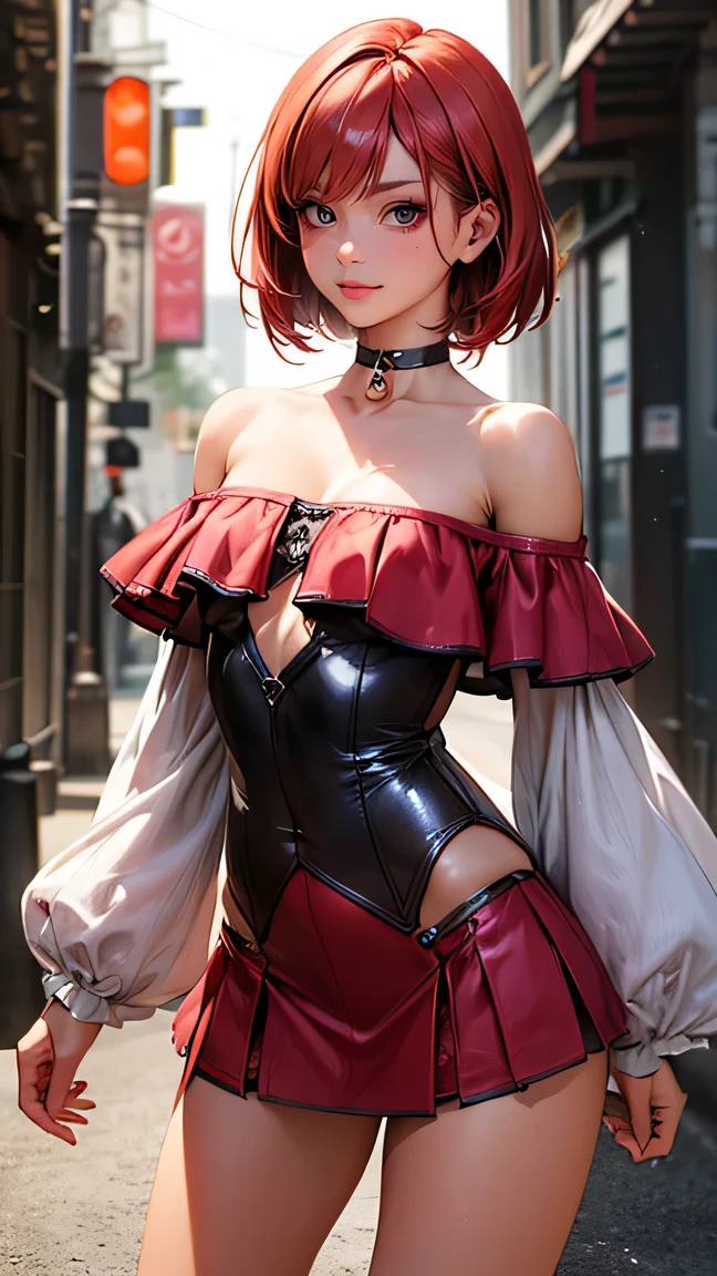 masterpiece, best quality, highres, mi1, tail ornament, tail bow, gloves, cat tail, jingle bell, red gloves, tail bell, choker, detached sleeves, magical girl, panties, bra, strapless, cowboy shot, bedroom,