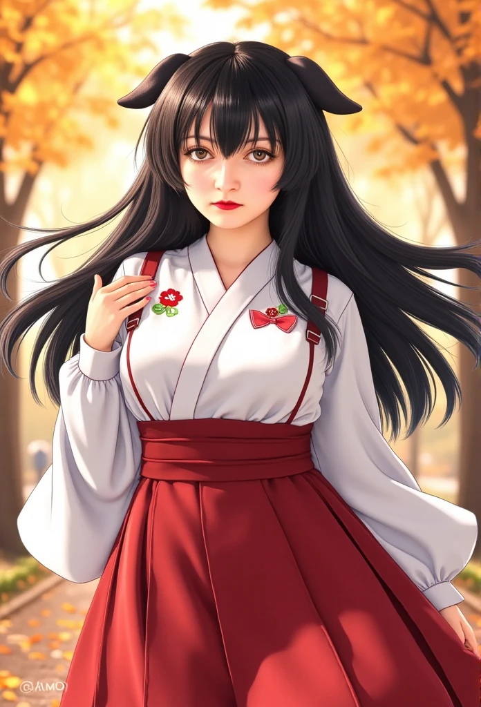 best quality, (masterpiece:1.35), wallpaper, (illustration), original, (depth of field), (1girl:1.35), (solo), full body, dynamic, detailed face,mature female, adult, (old:1.3), Medium breasts, Amused, happy,miko clothing, flower trim,absurdly long hair, black hair,dog ears volumetric lighting, fall leaves, Tyndall effect,