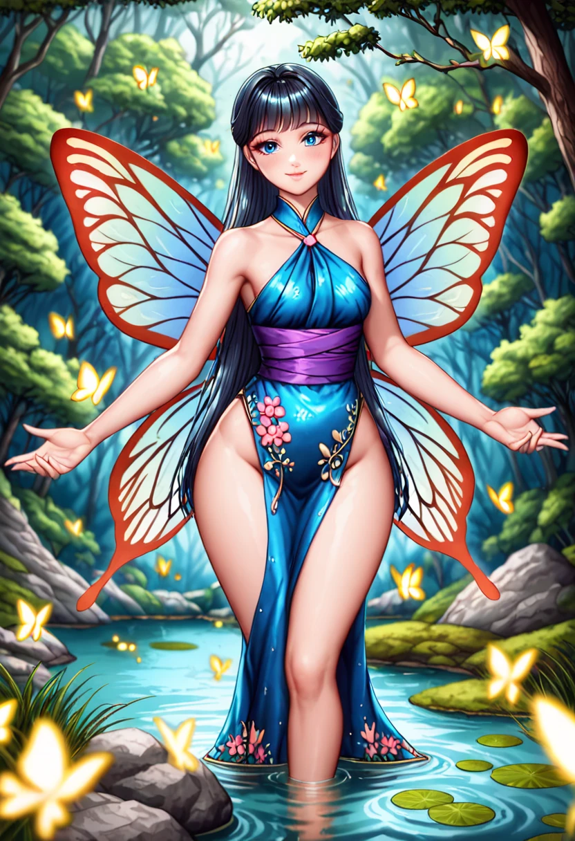 Anime style, source_anime, ((A young Japanese girl)), solo, (long straight black hair with bangs, blue eyes), ((medium round breasts, pretty perfect hot hourglass model body, wide hips)), ((wrapped in a flowing outfit made of shimmering translucent fabric with floral patterns, resembling butterfly wings)), look at the viewer, extremely detailed, soft rosy lips, gentle smile, feminine allure, light blush, soft moonlight, (enchanted forest, glowing mushrooms, fireflies, ancient trees, sparkling magical pond), depth of field, (standing gracefully on a rock near the pond, one hand outstretched as if touching a glowing firefly).