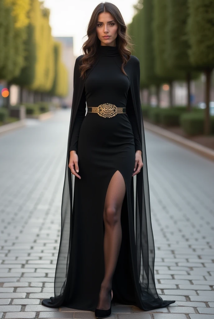 ((face visible)) (entire body); hot busty Arabs with (nice hourglass curves); busty; wearing extremely skin tight black dress with side slit; long transparent scarf as cloak, gold belt; (black stockings); High heels stilettos shoes; large breasts, pokies, narrow waist; (wide hips); see-through tight fitting clothes; empty paved street; ((Full view) from (head to feet)); Realistic; raw photo (front view entire body) ((face visible)) no-nude