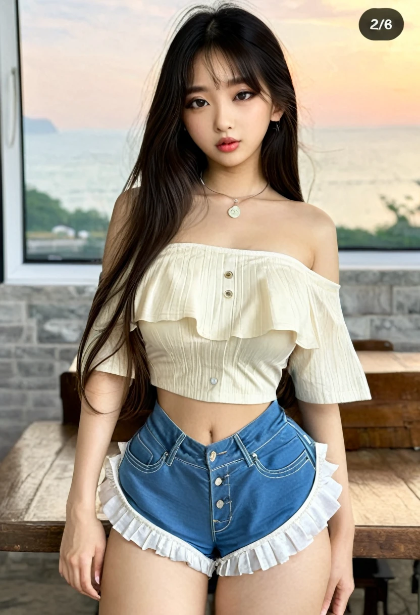 ((best resolution)), realistic, photographic, work of art, (high quality:1.2), 8k, extremely detailed, (high detail:1.2), solo, ((Korean Ulzzang female with 24 years old)), (mini-shorts, strapless cropped top), (beautiful and natural face:1.2),