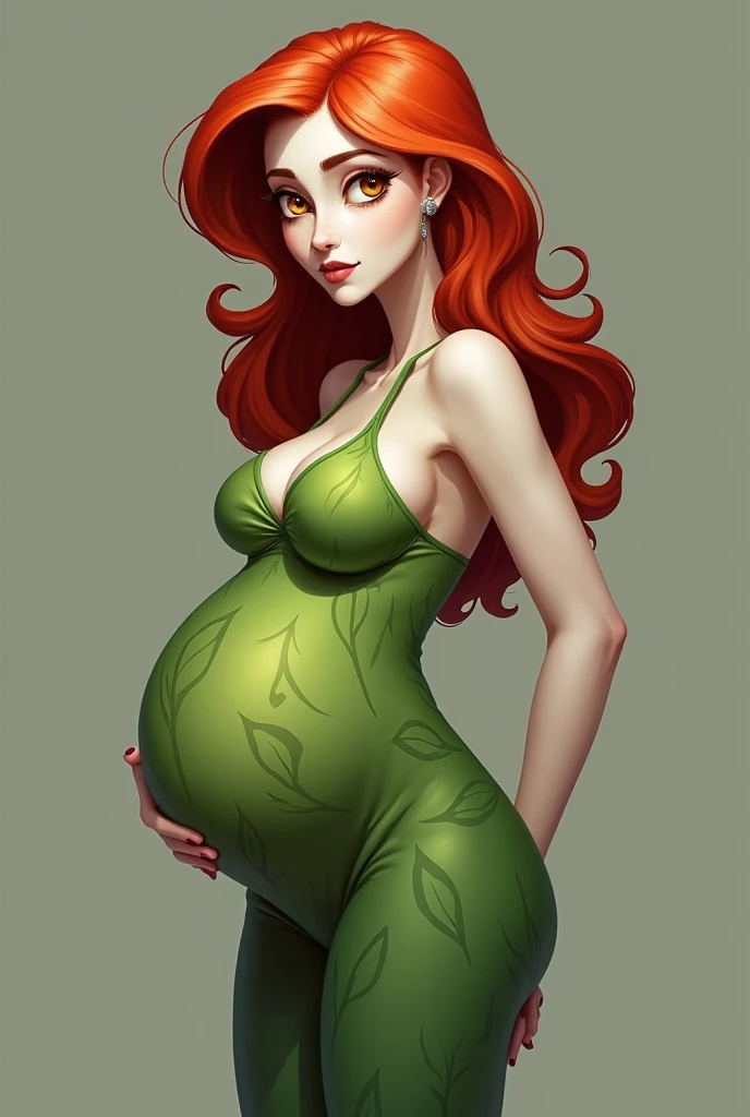 1 girl, Red hair, green top, black shorts, big fat hanging belly, green eyes, Confused face, big hips