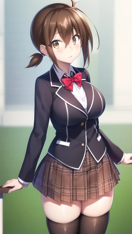 masterpiece, best quality, highres, looking at viewer, girl, solo, issei_hyoudou, brown hair, brown eyes, hair between eyes, large breasts, red bow, striped bow, blazer, blue jacket, long sleeves, plaid skirt, brown skirt, black thighhighs, outdoors, cowboy shot, standing, looking at viewer,