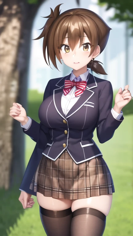 masterpiece, best quality, highres, looking at viewer, girl, solo, issei_hyoudou, brown hair, brown eyes, hair between eyes, large breasts, red bow, striped bow, blazer, blue jacket, long sleeves, plaid skirt, brown skirt, black thighhighs, outdoors, cowboy shot, standing, looking at viewer,