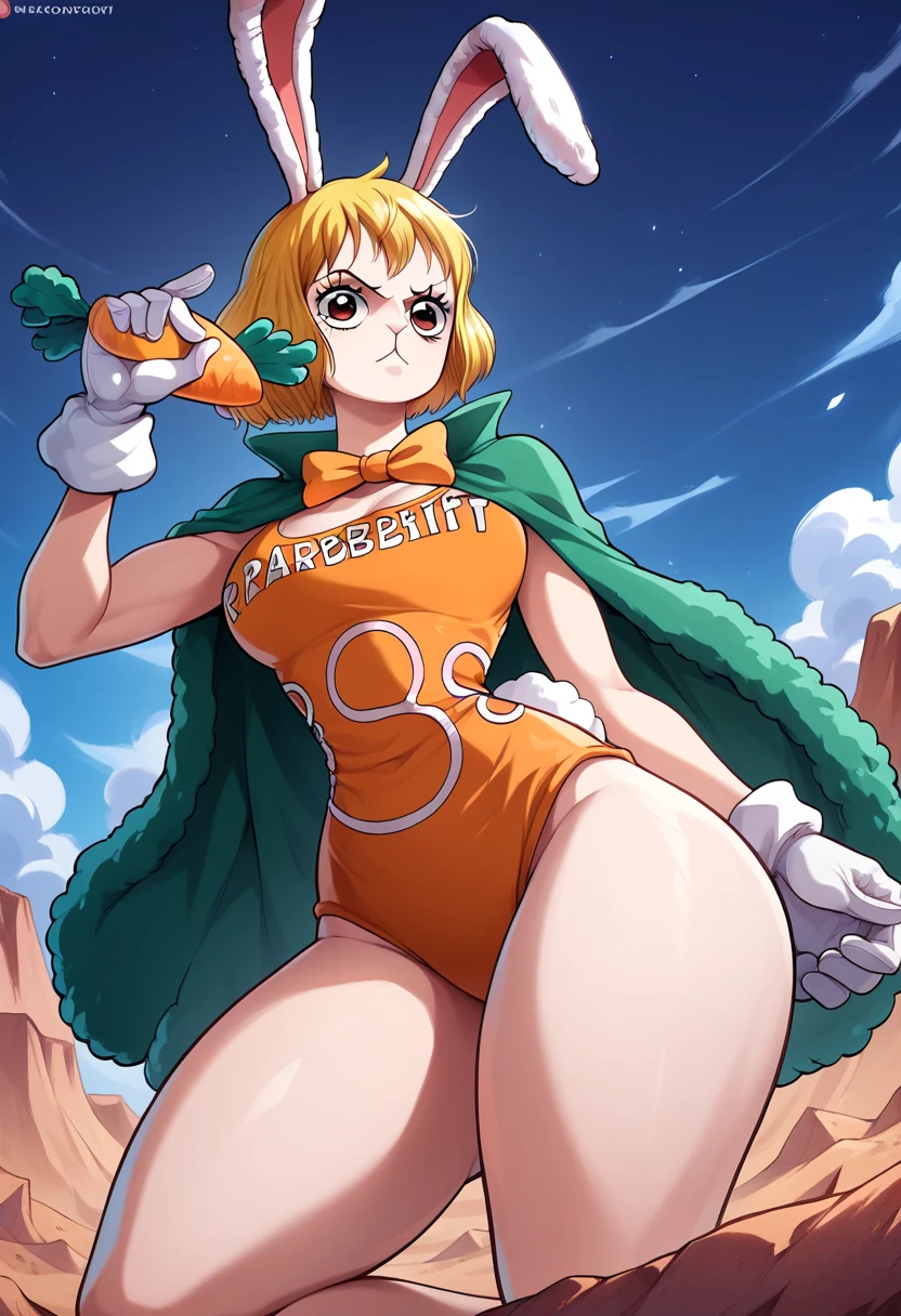 carrot (One Piece)wearing sexy orange swimsuit, green cape, white gloves,  short blond hair,  rabbit ears ,  through the white , bunny, hairy woman, hairy woman,  thick thighs , seated on a rock,low angle (Contra- Plongée) , in the desert, night, take the key, perfect anatomy