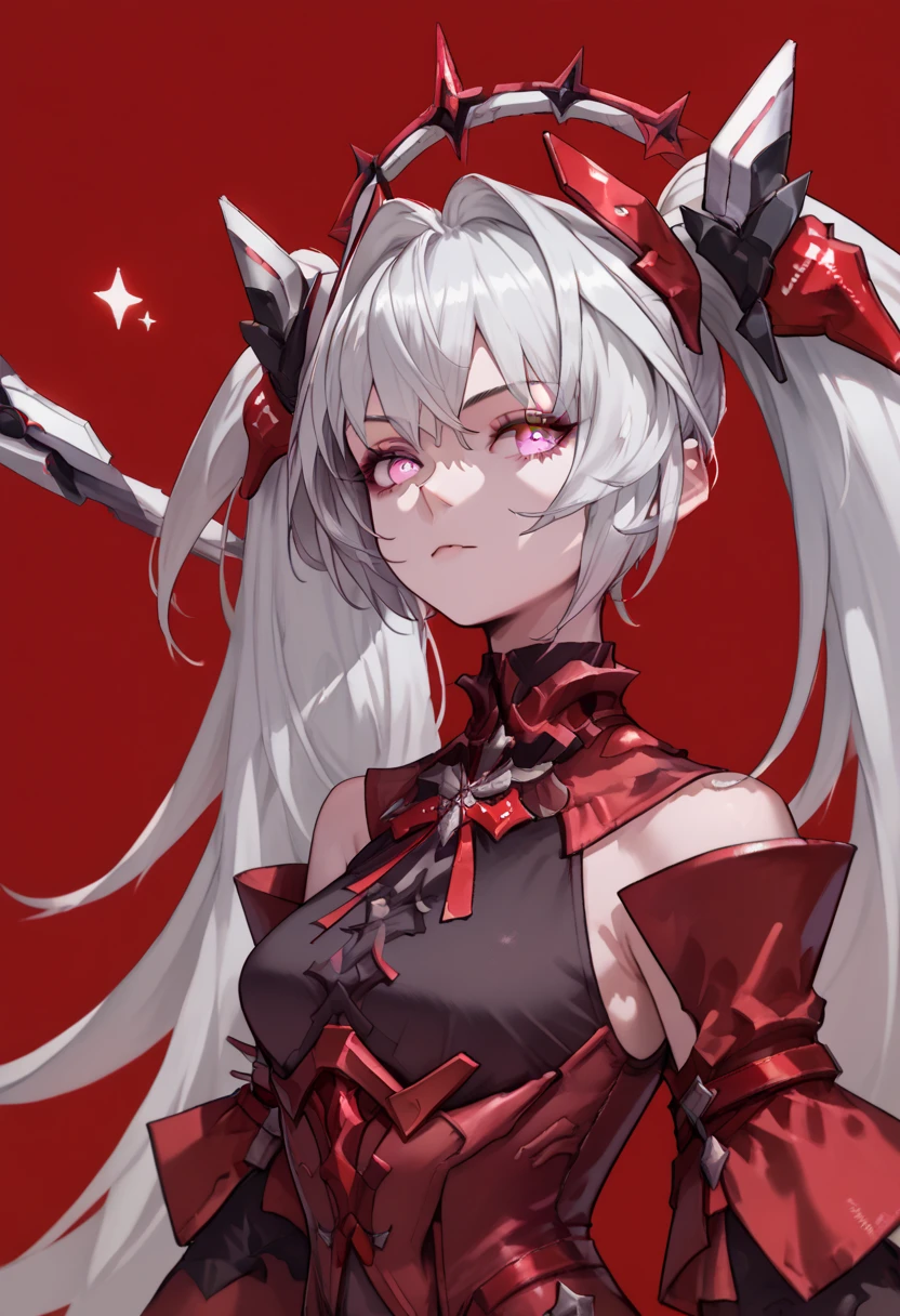 masterpiece, 1girl, Oblivion, pink eyes, star-shaped iris, white hair, long hair, twin tails, headgear, Oblivion clothes, half wing, mechanical wing, upper body, neutral, innexpressive, red background, simple background, score_9, score_8_up, score_7_up, unaestheticXL_bp5