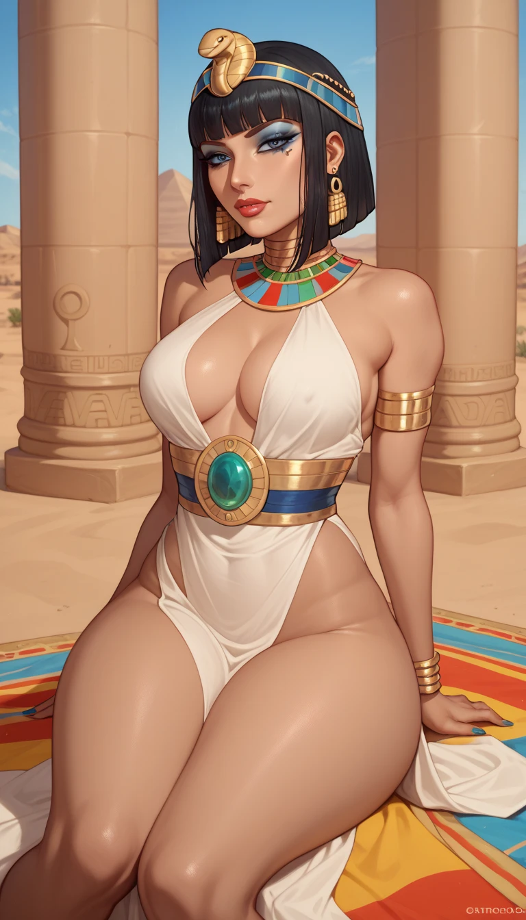 masterpiece,  top quality,   imagine Cleopatra at the height of beauty,Sexy sitting, arrogant expression,lindos olhos detaileds, thick thighs , makeup,sexy Egyptian dress ,exposed thighs,perfect anatomy, sitting on a colorful carpet ,in the desert, detailed 