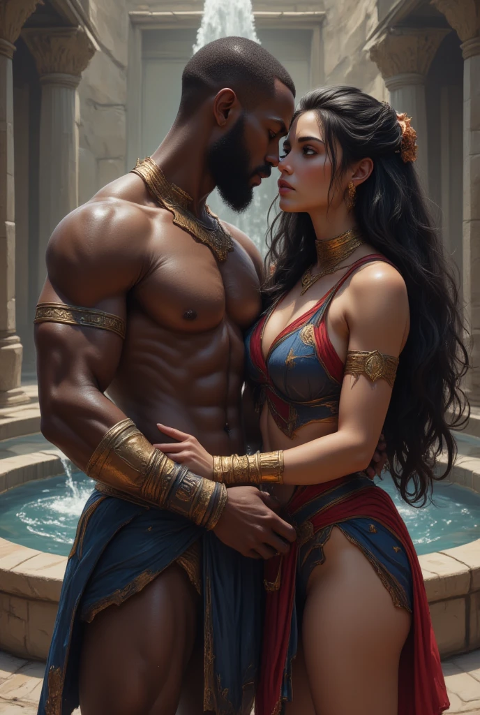 Lydia, a woman of Greek origin, voluptuous body, with long black hair, green eyes, an Amazon warrior, naked, gold bracelets. Being protected and carried in the arms of Shaka, a muscular man of Ethiopian Greek origin, a black African warrior, with short black hair and beard, blue and red tunic and gold. They kiss inside the temple near the fountain. Both exchange glances at each other. The atmosphere is romantic and dramatic. Cinematic and hyper-detailed, filmed from the perspective of a drone.