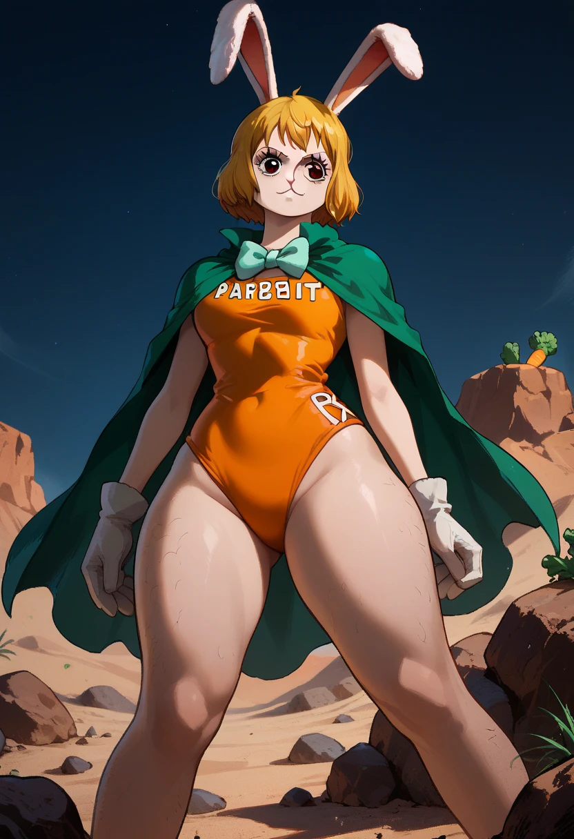 carrot (One Piece) wearing sexy orange swimsuit, green cape, white gloves,  short blond hair,  rabbit ears ,  through the white , bunny, hairy woman, hairy woman,  thick thighs , Standing on a rock,Knees,low angle (Contra- Plongée ) , in the desert, night, take the key, perfect anatomy