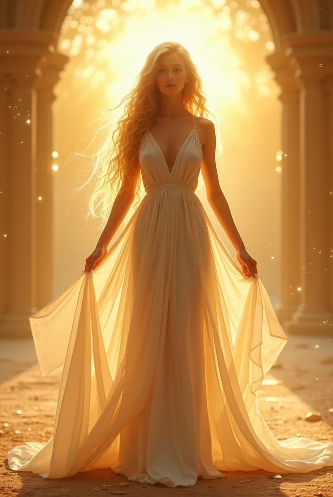 A woman with long wavy hair, white with long nails, dancing and singing free and happy, candles, Windows, the sun&#39;s rays, magic 