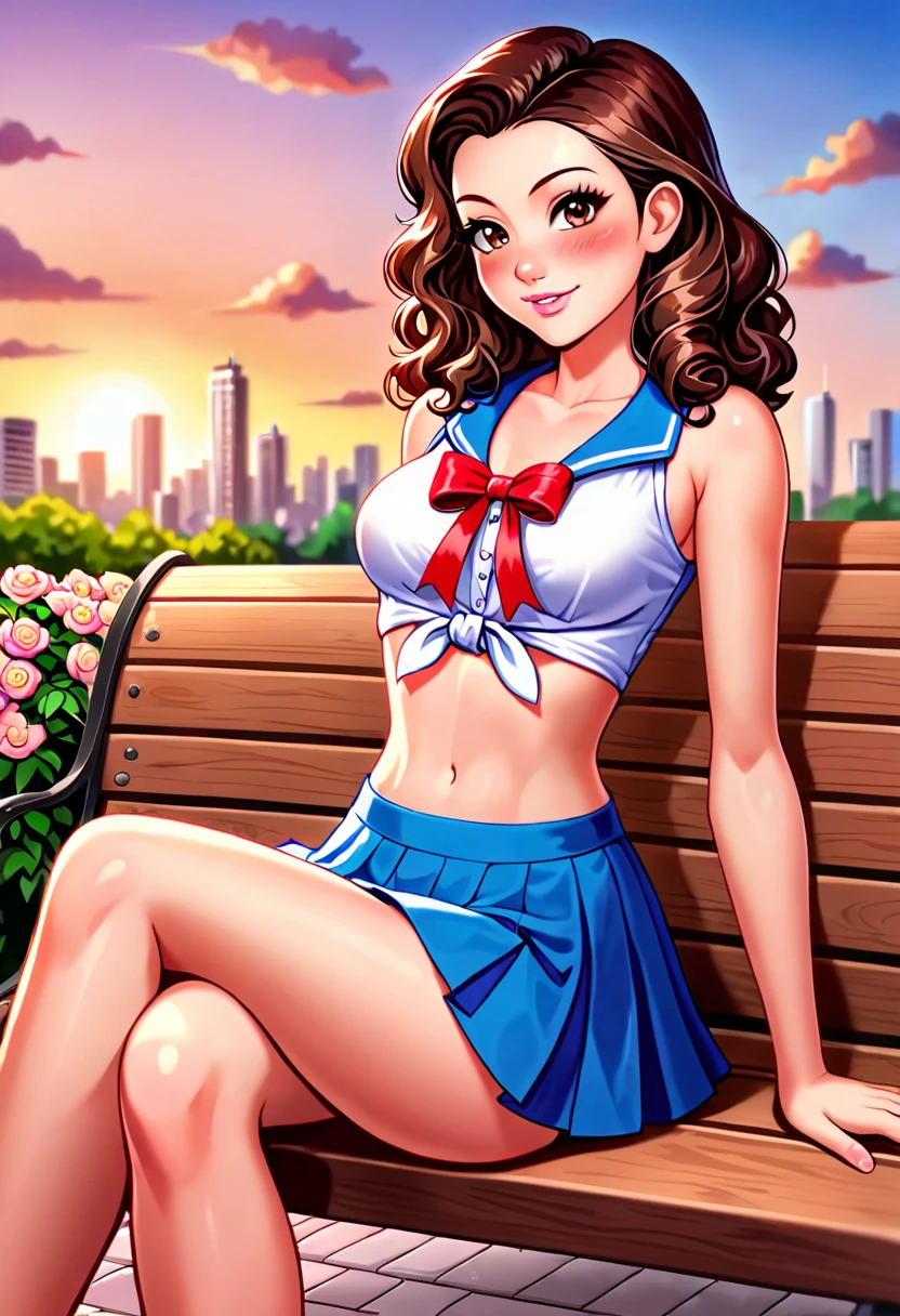 Anime style, source_anime, ((A young Brazilian girl)), solo, (medium-length wavy dark brown hair, brown eyes), ((medium round breasts, pretty perfect hot hourglass model body)), wide hips, ((wrapped in a stylish outfit made of silky ribbons tied elegantly around her torso and waist, resembling a modern crop top and skirt)), look at the viewer, extremely detailed, natural pink lips, warm smile, feminine charm, soft blush, golden sunset, (city park, wooden bench, paved pathways, blooming flowers, ren playing in the background), depth of field, (sitting on the bench, legs crossed, adjusting one of the ribbons with a relaxed and confident posture).