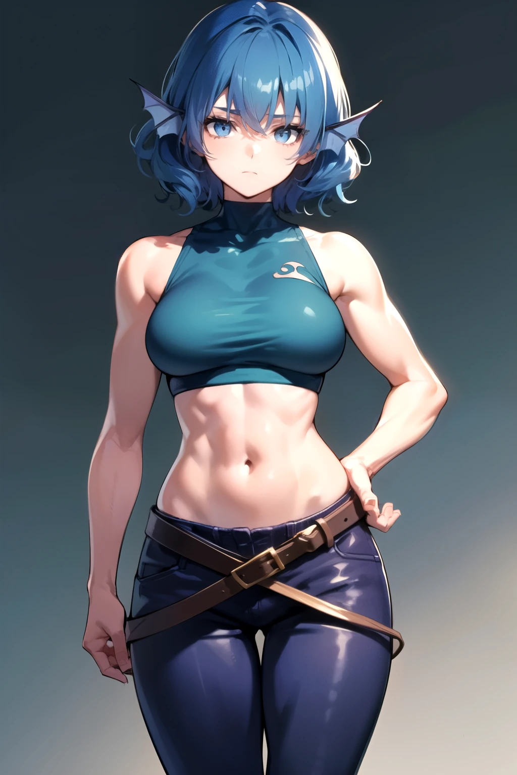 wakasagihime, 1women, age 20, medium breast, thick thighs, blind, narrow eyes, blue hair, short hair, head fins, sleeveless crop top, cloth pants, silk, monk, medieval, fantasy, blank expression, focused, sharp look, hands down, masterpiece, best quality, standing strong, (fit:0.9), (muscular:0.7), shiny skin.