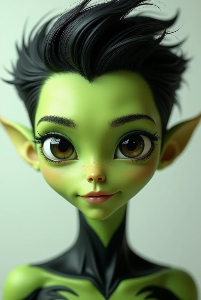 ((Masterpiece)) ((Perfect Face)) ((Beautiful)) ((Tall)) ((Muscular Figure)) ((Goblin Woman)) ((Green Skin)) ((Short Black Hair Shaved on the Sides)) ((Grey Eyes)) ((Round Face)) ((Pretty)) ((Soft Features)) ((Happy)) ((Feminine Face))
