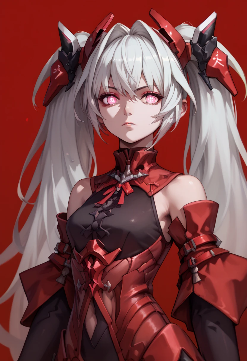 masterpiece, 1girl, Oblivion, pink eyes, +_+, bright pupils, detailed eyes, white hair, long hair, twintails, headgear, Oblivion clothes, upper body, innexpressive, red background, simple background, score_9, score_8_up, score_7_up, unaestheticXL_bp5