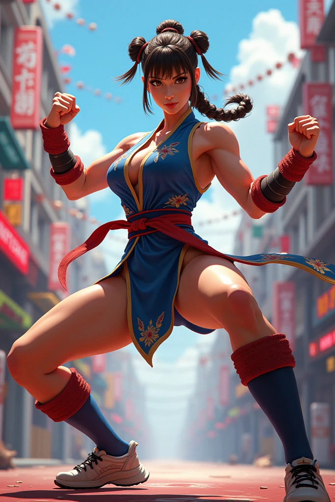 Street Fighter chun li,kick style pose,Perfect eyes, Perfect Iris, Retro attire, Acrylic art by Artgerm and Gediminas Pranckevicius, intricate, highly detailed, crispy quality, dynamic lighting, hyperdetailed and realistic., 8k, UHD, HDR, (Masterpiece:1. 5), (best quality:1. 5) Model: jim EIDOMODE