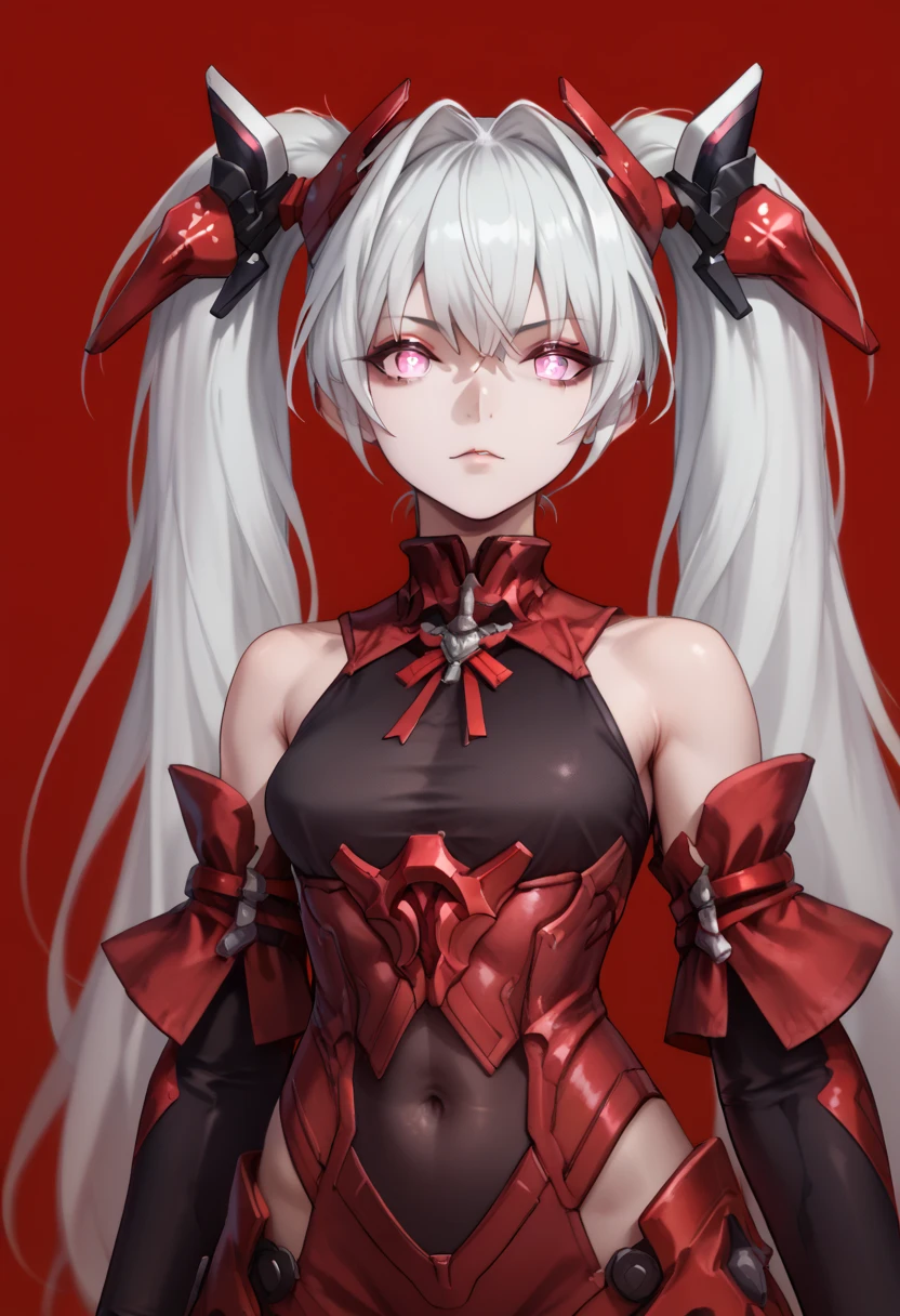 masterpiece, 1girl, Oblivion, pink eyes, +_+, bright pupils, detailed eyes, white hair, long hair, twintails, headgear, Oblivion clothes, navel visible through clothes upper body, innexpressive, red background, simple background, score_9, score_8_up, score_7_up, unaestheticXL_bp5