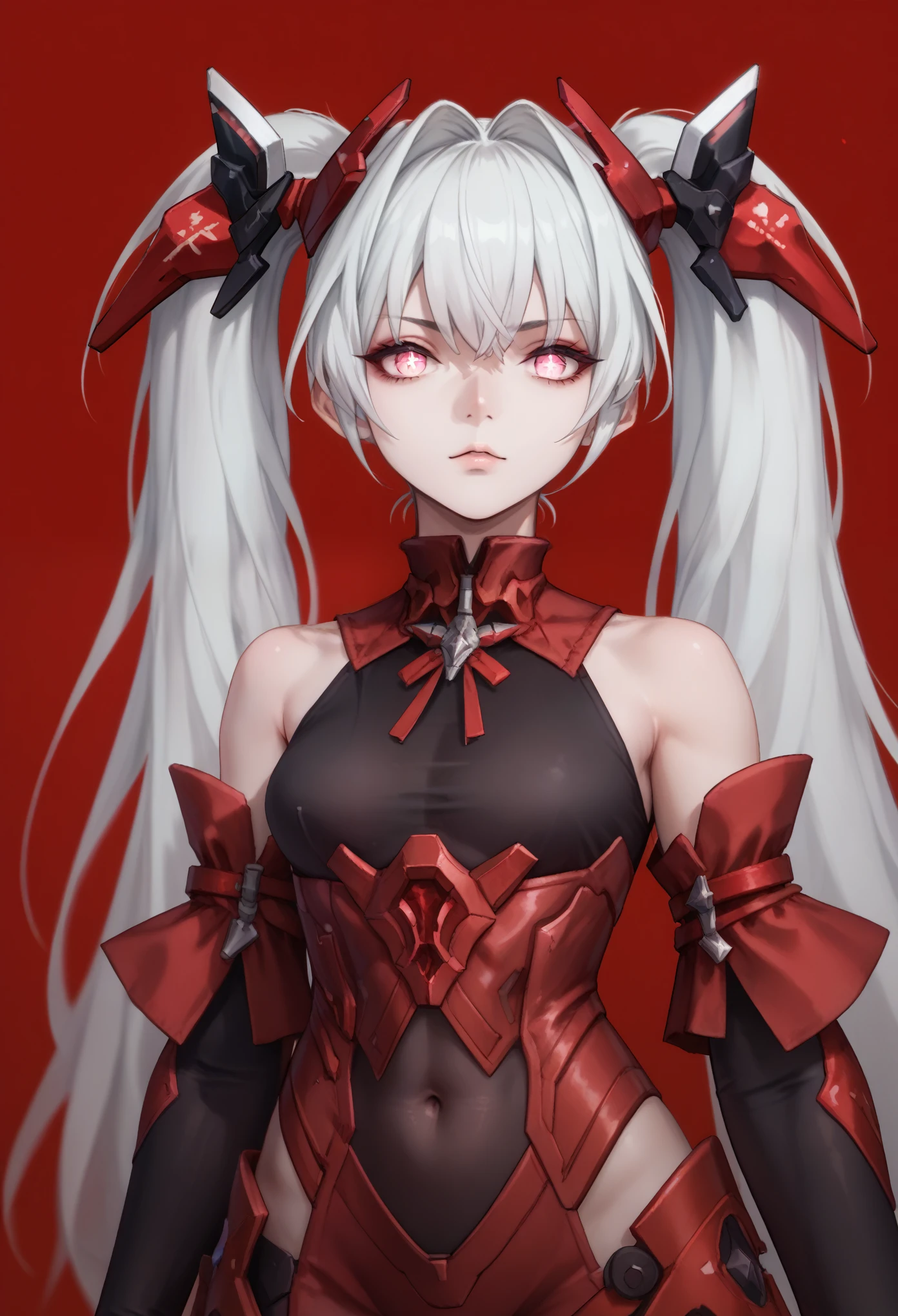 masterpiece, 1girl, Oblivion, pink eyes, +_+, bright pupils, detailed eyes, white hair, long hair, twintails, headgear, Oblivion clothes, navel visible through clothes upper body, innexpressive, red background, simple background, score_9, score_8_up, score_7_up, unaestheticXL_bp5