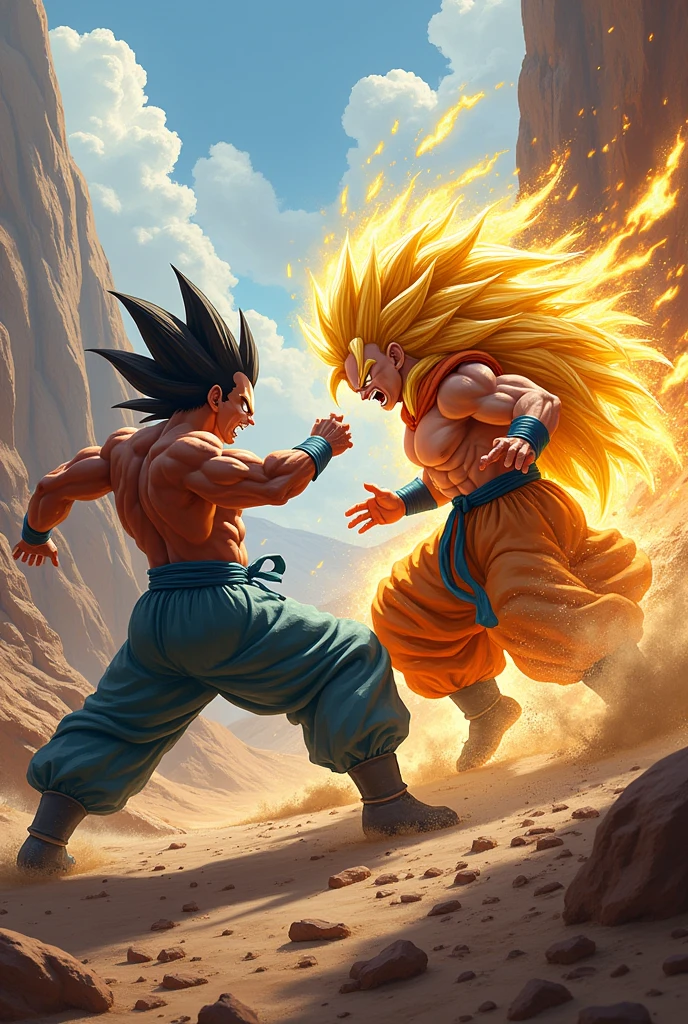 Two muscular super Saiyan punch each others