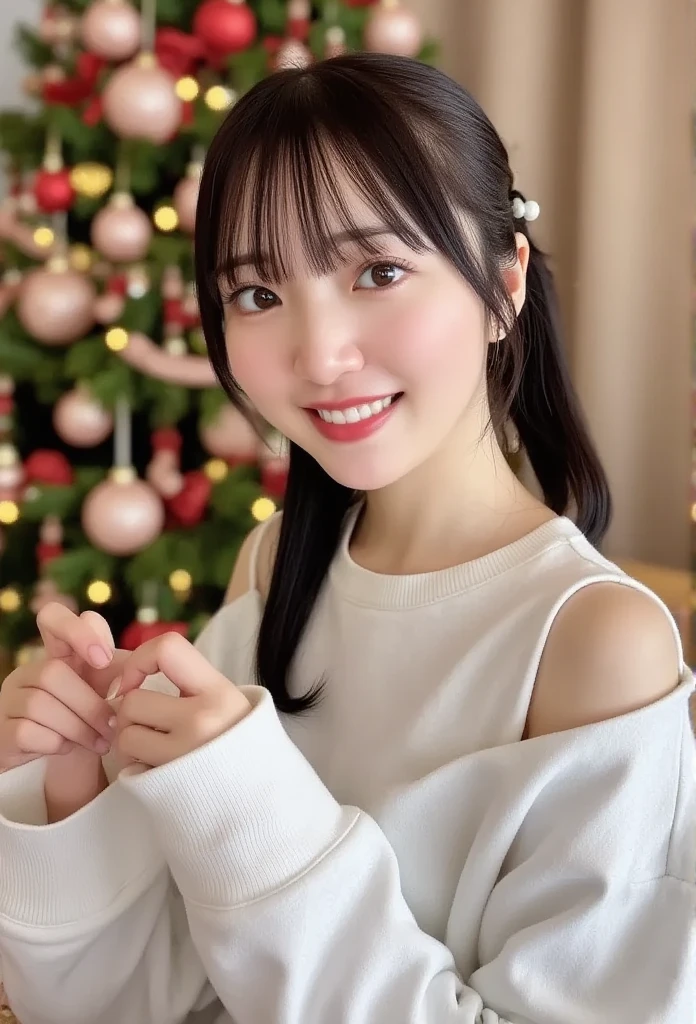 ((Best Quality, 8K, masutepiece: 1.3)), Character Miya Mobile Legends: Bang Bang , Sharp Focus: 1.2, Cute beautiful woman with perfect body: 1.4, Highly detailed face and skin texture, Natural skin without makeup, Detailed eyes, Christmas, Eye Focus Target, Realistic, Ultra Detail、Above the knee、Hands raised、A smile