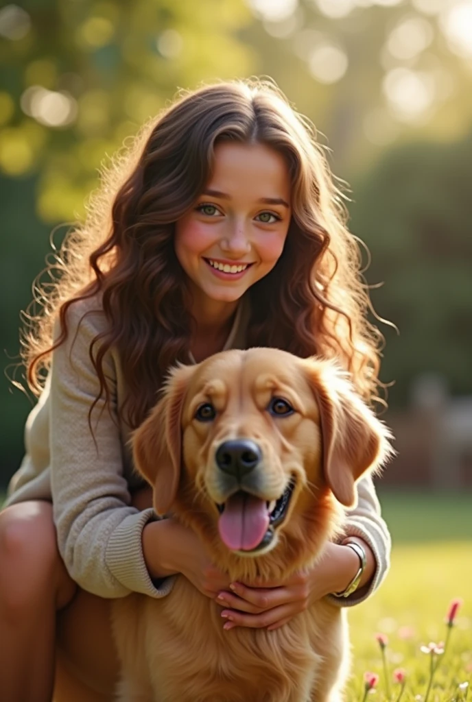 Girl smiling at the viewer and playing in a flower garden, with a dog.