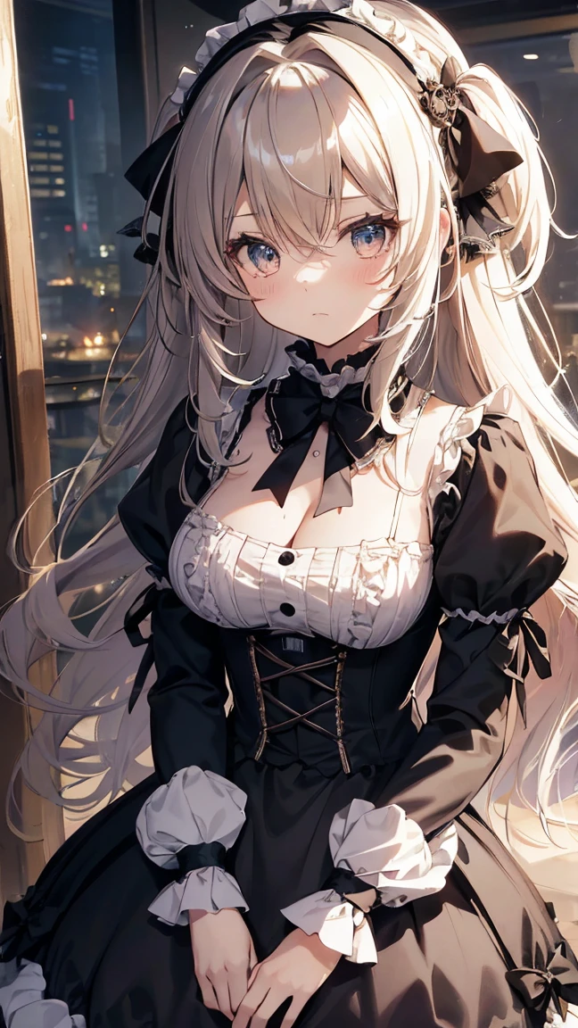 4K resolution,((Highest quality)),Ultra-high resolution,young woman, alone, sexy, (Crazy smile), (Light purple eyes), Beautiful and symmetrical face, (White messy long hair down to the waist),Gothic dress with a large bust,garter belt,Realistic:1.4,Realistic:1.4,(masterpiece:1.2),Perfect Eyes,Perfect Eyes,Perfect Legs,Indoors at night,Ample breasts,A loose jacket