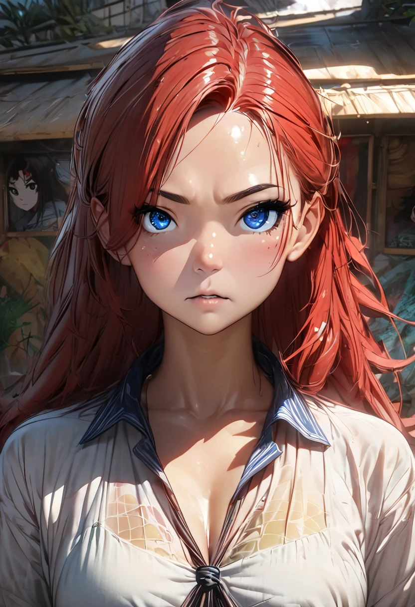 Anime, (((portrait of he said))), woman, (((Red Hair))), ((( blue eyes))), (((female pirate)), 8k, unreal enGine, オクタンレンダリンG, Cute, GamanG, Yoon Gonji, G.To, Gosonjak, Schloop, Serious, Dorm, Noah, trendinG on pixiv, Fan Box, Sketch, masterpiece,  smooth and soft skin , biG dreamy eyes,  beautiful intricately colored hair , Symmetric, Anime wide eyes, soft liGhtinG,  Concept Art , diGital paintinG,  Tropical Island