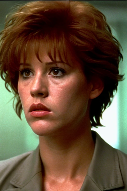 Eighteen-year-old Molly Ringwald, serious expression, brooding, with messy/shaggy razored/layered haircut with sideswept bangs, wearing gray blazer, extremely realistic, extremely detailed, extreme realism, extreme detail, extremely accurate resemblance, scene from film, digital cinematography, neo-noir, tech-noir, moody, atmospheric, dark, handheld camera footage, gritty, muted, Miami Vice (2006) influenced, grainy, underlit, tense, directed by Michael Mann, low shutter speed, shadowy, bags under eyes, insomniac, film grain, night