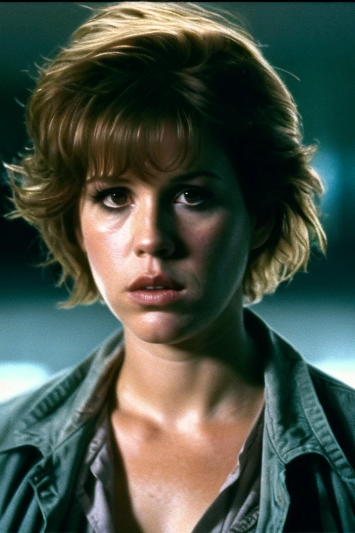 Eighteen-year-old Molly Ringwald, serious expression, brooding, with messy/shaggy razored/layered haircut with sideswept bangs, wearing gray blazer, extremely realistic, extremely detailed, extreme realism, extreme detail, extremely accurate resemblance, scene from film, digital cinematography, neo-noir, tech-noir, moody, atmospheric, dark, handheld camera footage, gritty, muted, Miami Vice (2006) influenced, grainy, underlit, tense, directed by Michael Mann, low shutter speed, shadowy, bags under eyes, insomniac, film grain, night