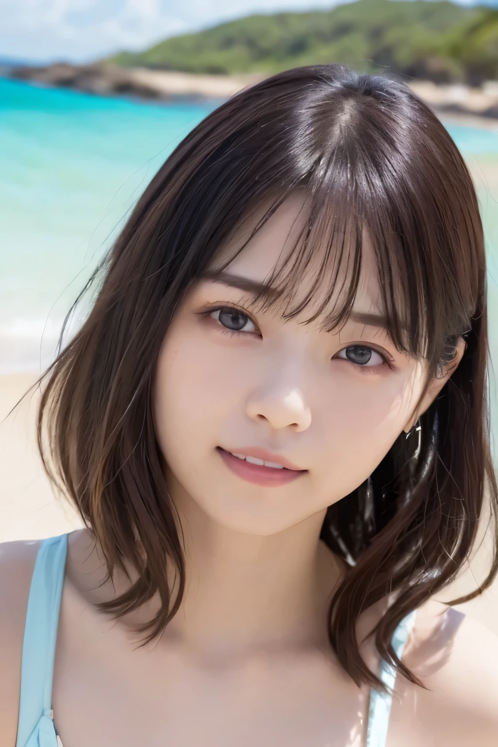 masterpiece、 for a woman with bristles,  ultra high resolution、8k，photograph、 1 girl,  Cowboy Shot 、( big breasts:1.0),  bright ,  Blurry Background , ( asymmetrical bang、 EXTRA LONG WAVY HAIR :1.5),   (Floating Hair:1.0)、（micro bikini, (( pale orange ))）、 rainbow heterochromia 、Round face、Young Face、 natural makeup、 Gentle Smile 、Summer Sea、Summer sky、 beach 、Outdoor、She is sitting on a beach chair、She uses a computer to work
