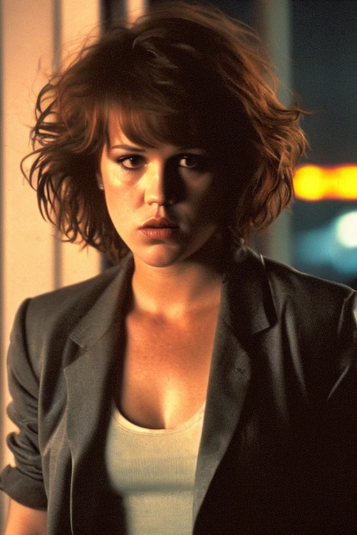 Eighteen-year-old Molly Ringwald, serious expression, brooding, with messy/shaggy razored/layered haircut with sideswept bangs, wearing gray blazer, extremely realistic, extremely detailed, extreme realism, extreme detail, extremely accurate resemblance, scene from film, digital cinematography, neo-noir, tech-noir, moody, atmospheric, dark, handheld camera footage, gritty, muted, Miami Vice (2006) influenced, grainy, underlit, tense, directed by Michael Mann, low shutter speed, shadowy, bags under eyes, insomniac, film grain, night