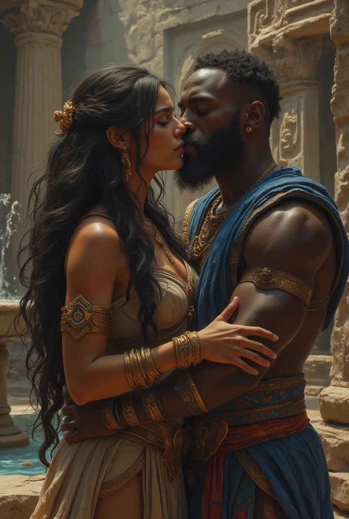 Lydia, a woman of Greek origin, voluptuous body, with long black hair, green eyes, an Amazon warrior, naked, gold bracelets. Being protected and carried in the arms of Shaka, a muscular black-man of Ethiopian Greek origin, a African warrior, with short black hair and beard, blue and red tunic and gold. They kiss inside the temple near the fountain. Both exchange glances at each other. The atmosphere is romantic and dramatic. Cinematic and hyper-detailed, filmed from the perspective of a drone.