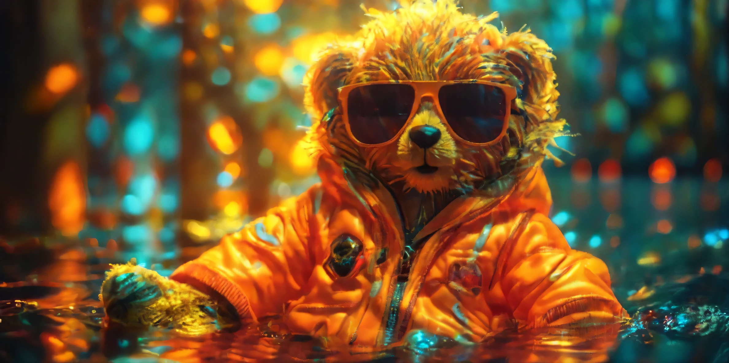 A teddy bear with sunglasses and a bright orange jacket, sitting in water, (teddy bear with sunglasses, character wearing shiny jacket, furry character in water, cinematic lighting, high-quality textures, photograph of toys, realistic fur details, high contrast between subject, (mysterious dark background), glowing reflections on water, live-action style, sharp focus on bear, blurred background for depth, modern toy aesthetic, dramatic lighting, high-quality image)