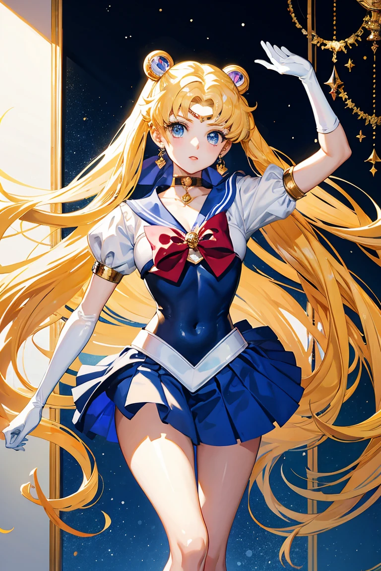 (masterpiece,  is of the best quality:1.2),  Sailor Moon , 1 girl at home,  unique ,blond,Long hair,Jewelry,whole body,Double tail,White gloves