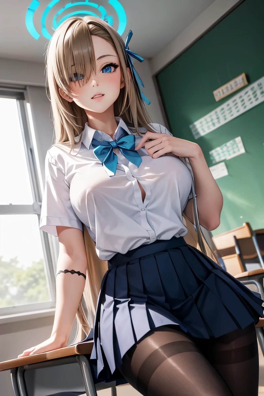 (jambes grasses), ((classroom)), (large breast), ((perfect hands)), ((glossy pantyhose)), (finely detailed eyes and detailed face:1.3), (extremely fine and beautiful:1.1), (Perfect details:1.1), Asuna Ichinose, Blue Archive, blond hair, (no cleavage), ((glossy pantyhose)), (view from below), high heels, light brown hair, blue eyes, very long hair ,hair over one eyes, halo, white shirt, pleated skirt, blue bowtie, school uniform, sexy legs