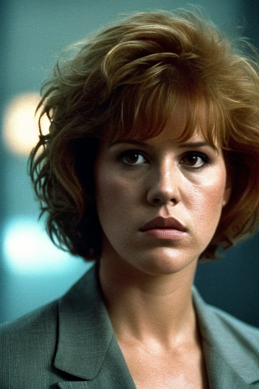 Eighteen-year-old Molly Ringwald, serious expression, brooding, with messy/shaggy razored/layered haircut with sideswept bangs, wearing gray blazer, extremely realistic, extremely detailed, extreme realism, extreme detail, extremely accurate resemblance, scene from film, digital cinematography, neo-noir, tech-noir, moody, atmospheric, dark, handheld camera footage, gritty, muted color palette, Miami Vice (2006) influenced, grainy, underlit, tense, directed by Michael Mann, low shutter speed, shadowy, bags under eyes, insomniac, film grain, night